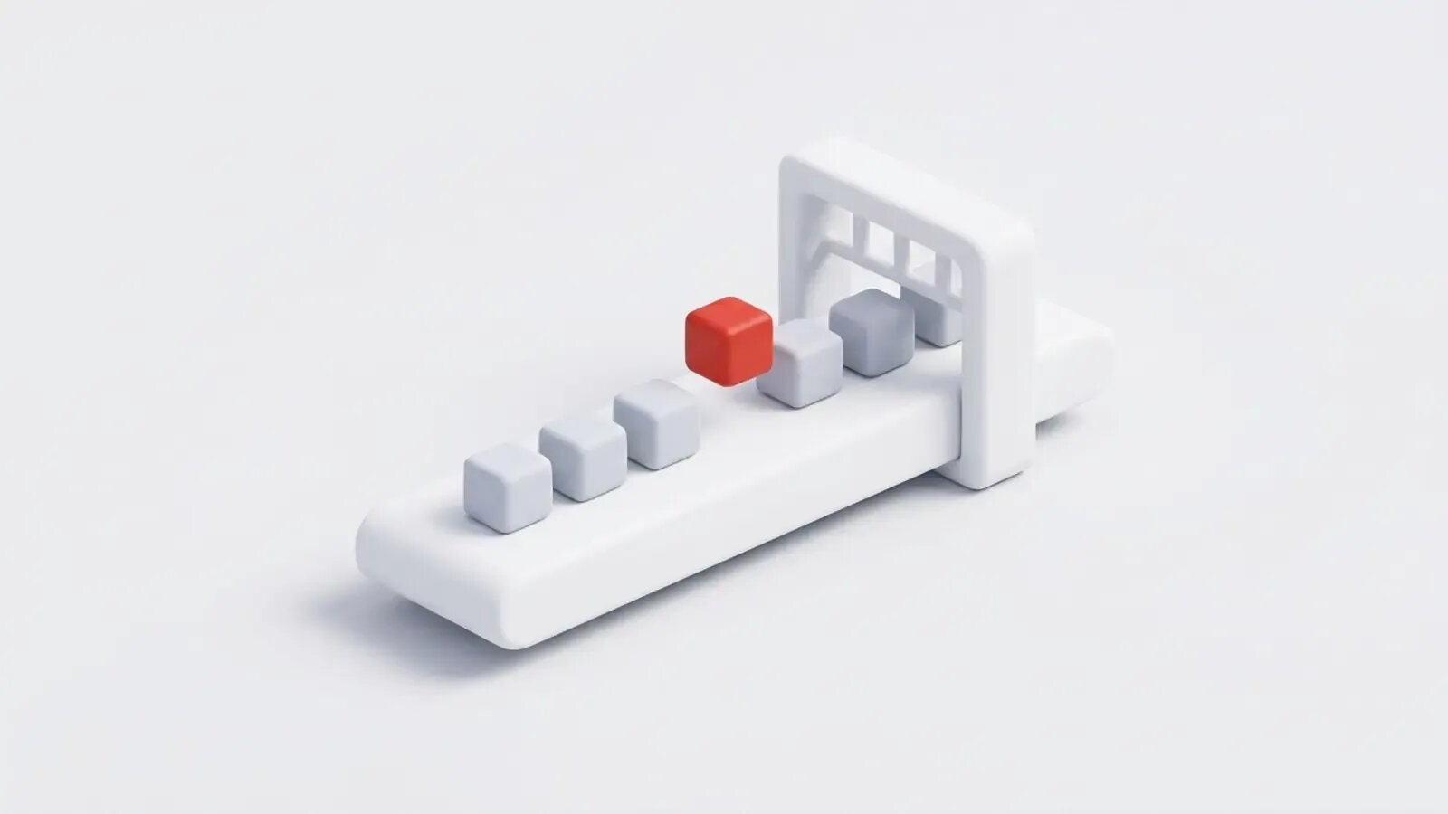 Matte 3D illustration on a light grey background: a white gate lets a row of grey cubes pass, and a single red cube stands out from the rest.