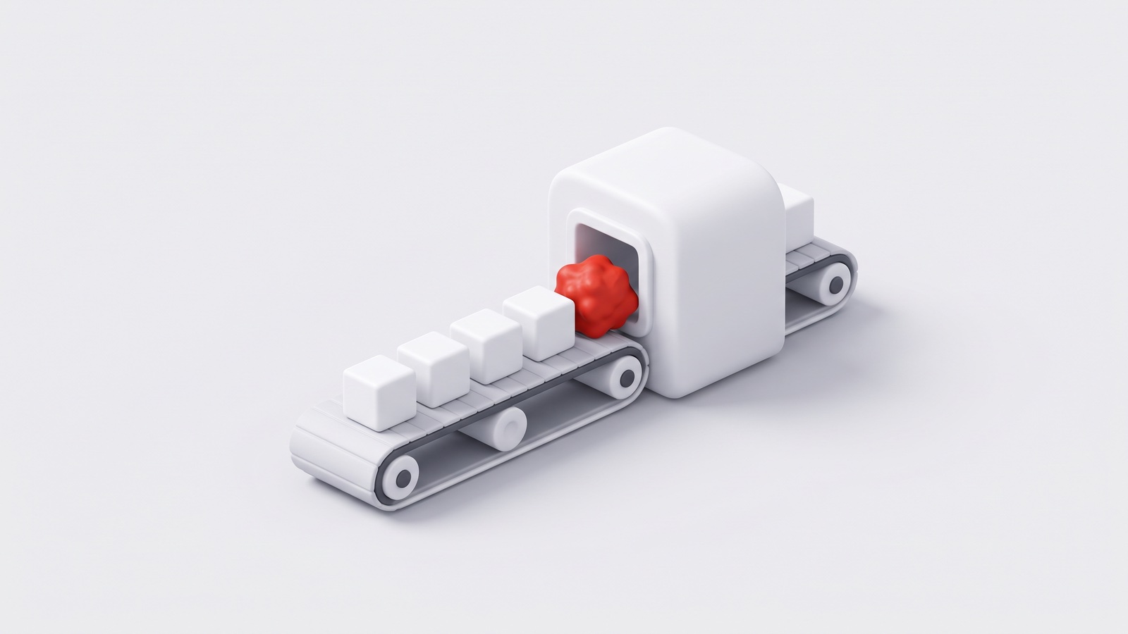 Illustration 3D mate sur fond gris clair : un tapis roulant de cubes blancs réguliers, bloqué par une forme rouge irrégulière à l’entrée de la machine.