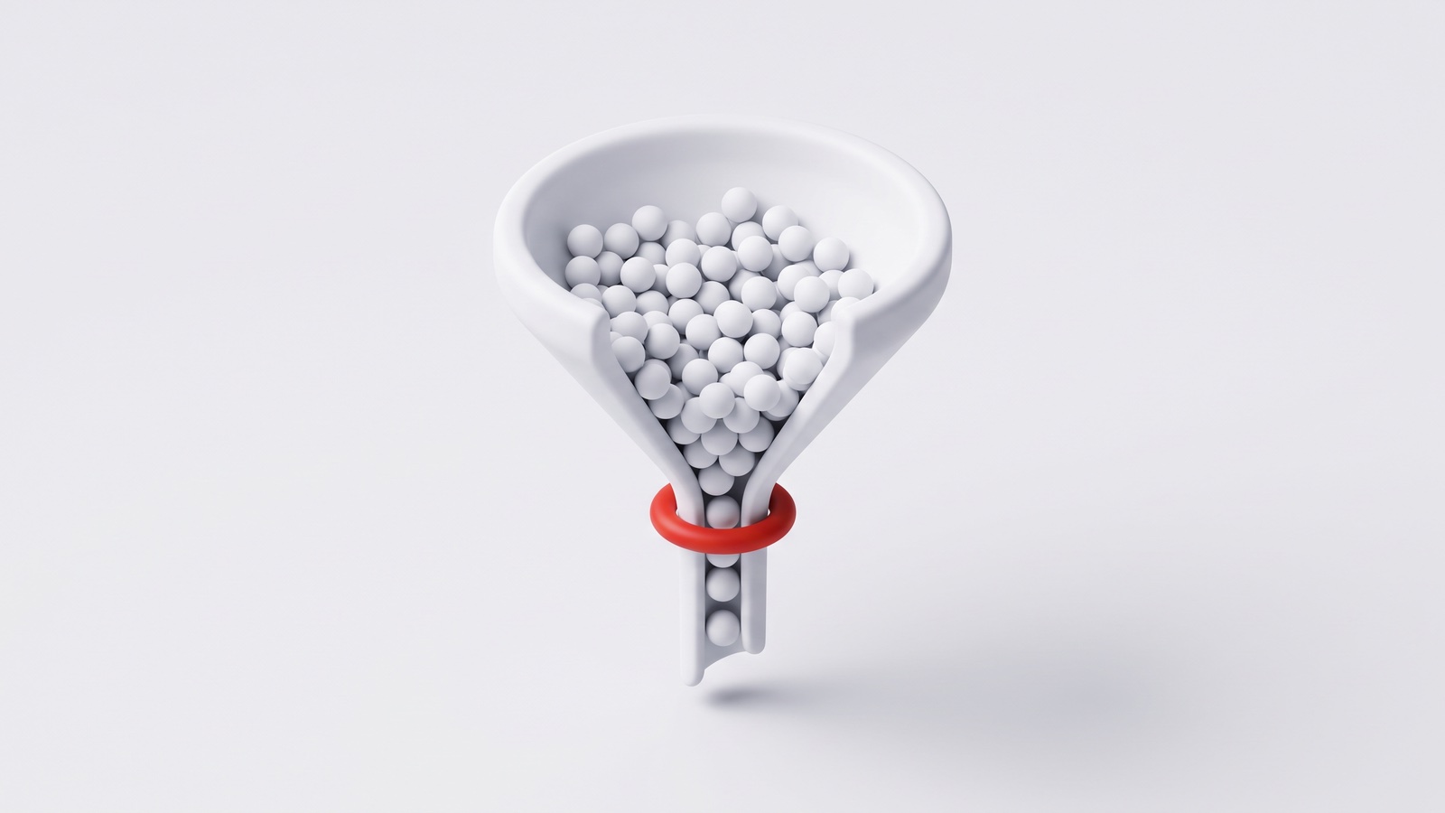 Illustration 3D mate sur fond gris clair : un entonnoir rempli de billes blanches qui s’accumulent au niveau d’un goulot cerclé de rouge.
