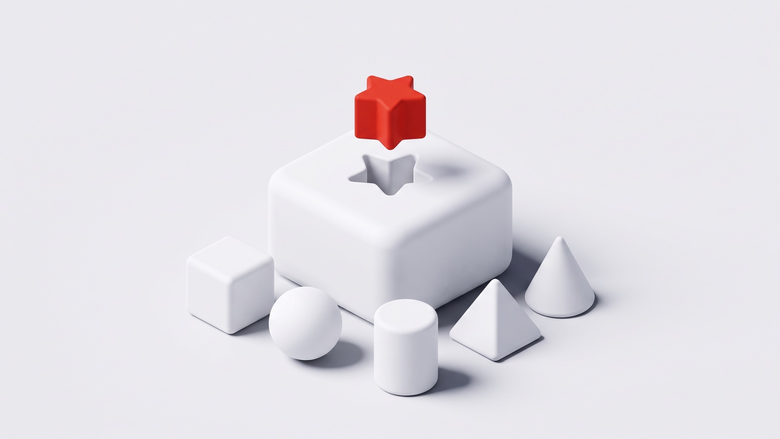 Illustration 3D mate sur fond gris clair : une boîte à formes entourée de volumes blancs, et une étoile rouge, la seule qui correspond à l’ouverture.