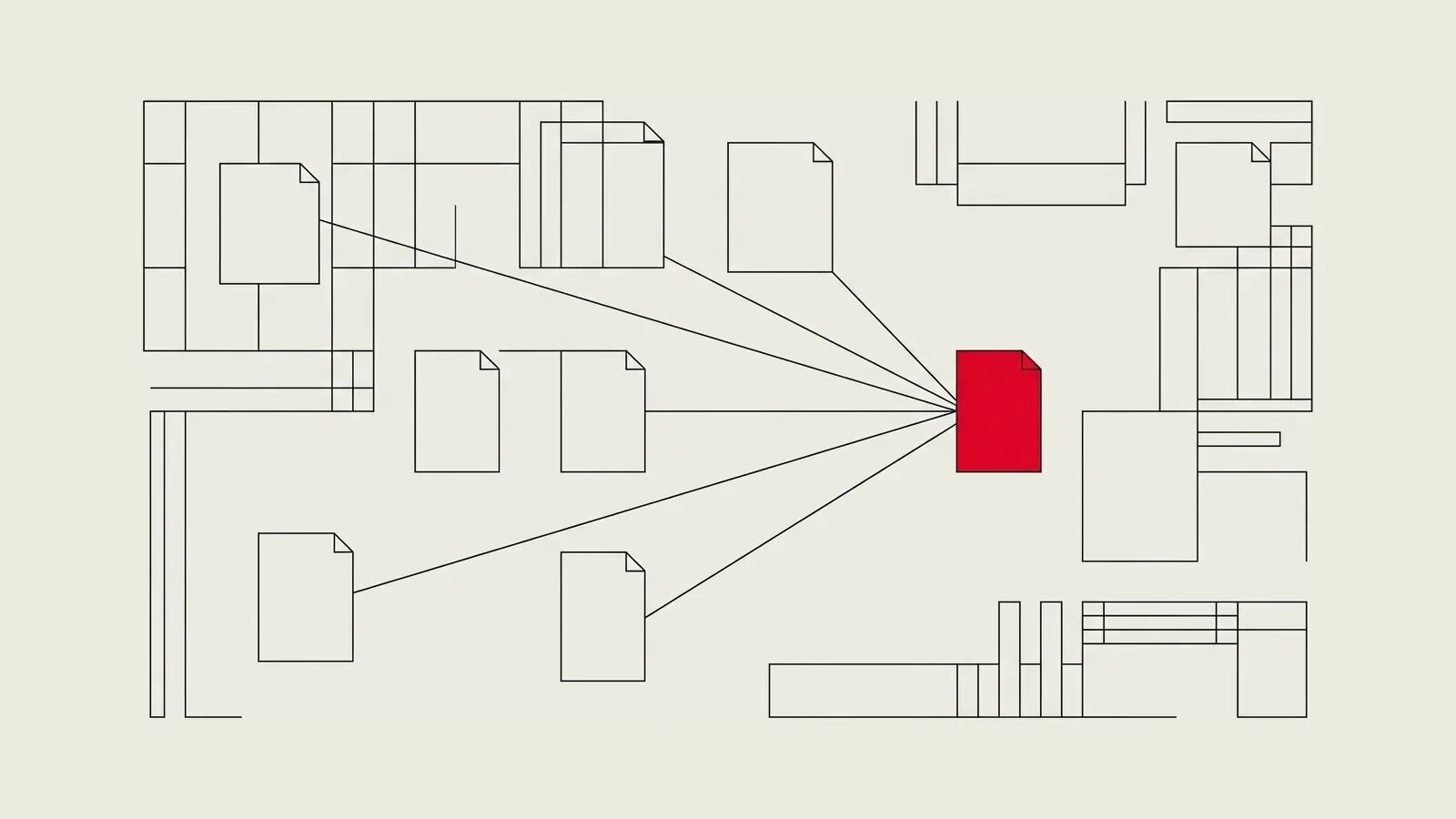 Geometric composition evoking several documents connected by thin lines converging toward a single red marker, black ink on light paper background, Swiss style.