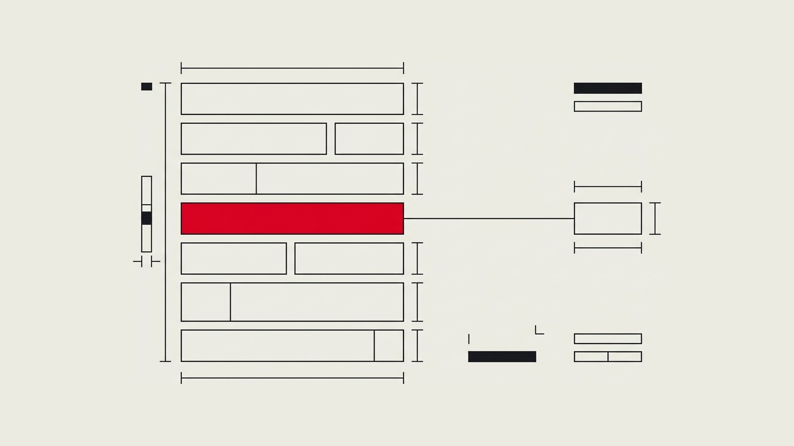 Editorial geometric illustration of a text paragraph broken into standalone blocks, with one red block highlighted, in a clean Swiss design style.