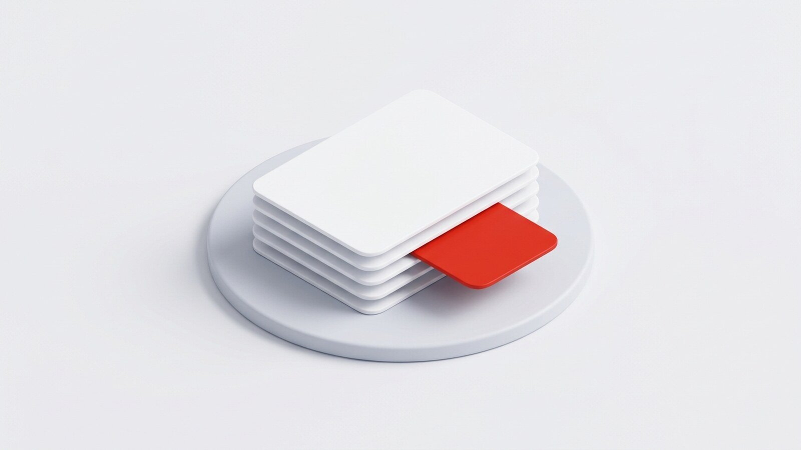 A stack of blank white sheets on a light base, with one red sheet pulled out to the side to flag the case that needs a decision.
