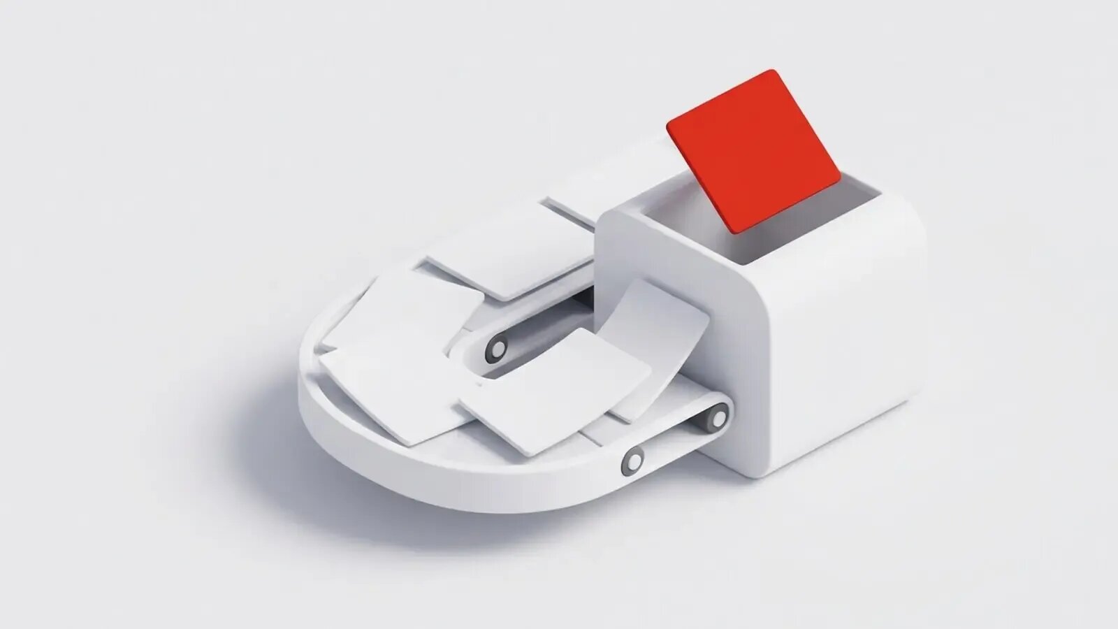 White sheets slide along a conveyor into a white box, with a single red sheet, the missing document, hovering above it.