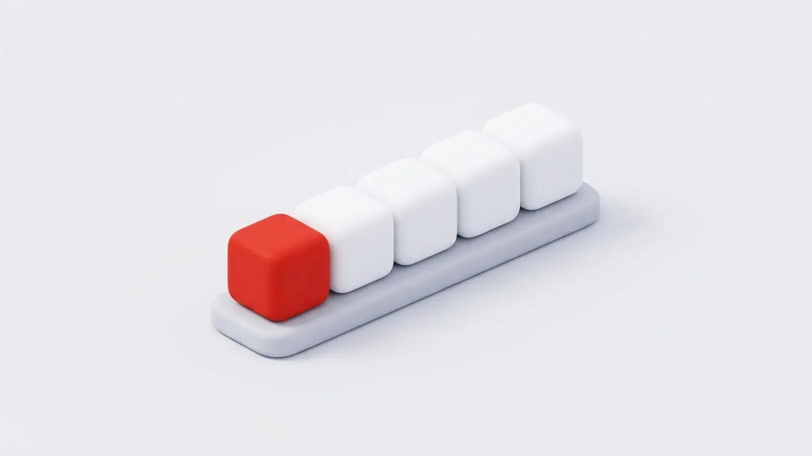 Five white blocks lined up on a pale base, a single red block placed in front, showing the task to automate first.