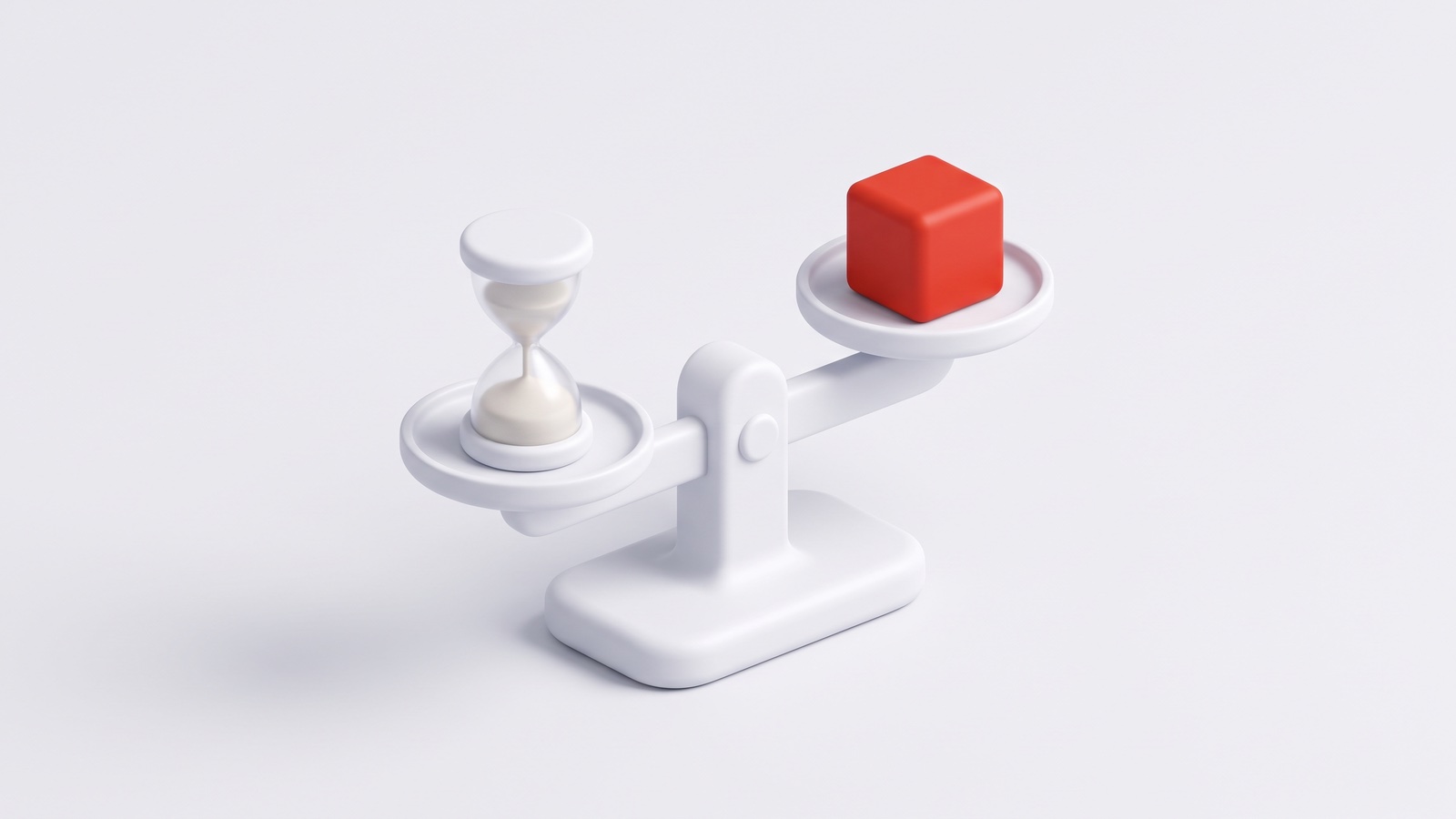 Illustration 3D mate sur fond gris clair : une balance avec un sablier sur un plateau et un cube rouge sur l’autre.
