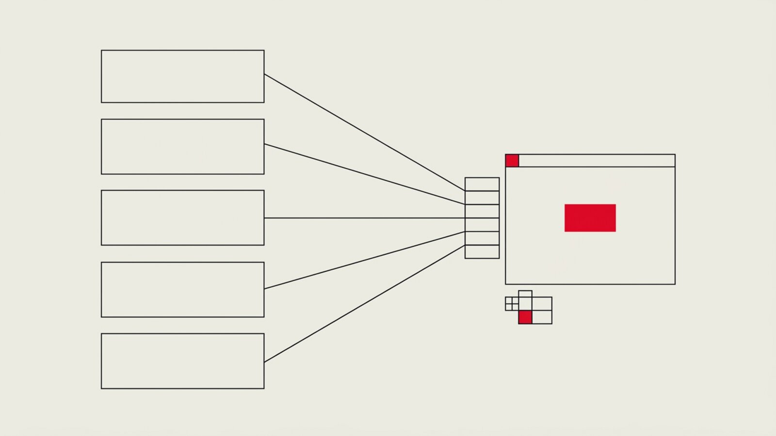 Illustration géométrique abstraite : deux grilles de lignes fines convergent vers un même bloc rouge, style suisse épuré.