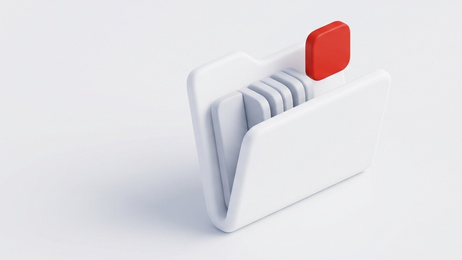 An open white folder holds four grey cards, a fifth red card waits above the empty slot: the client file waiting to be completed.