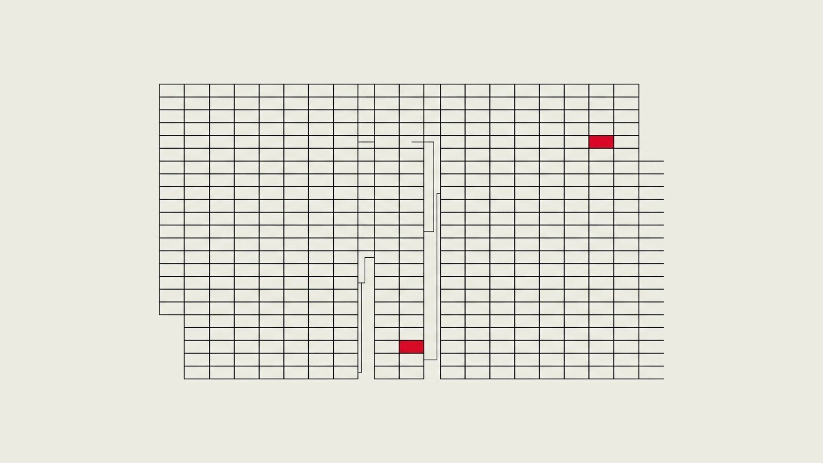 Illustration géométrique épurée représentant un tableau de suivi et des blocs de mesure, style suisse, un accent rouge sur un élément.