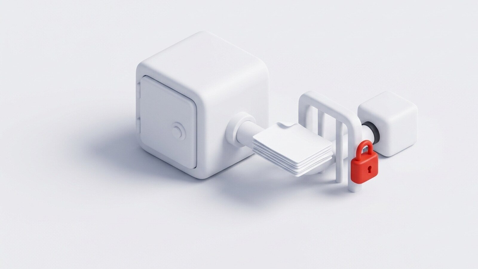 Illustration 3D mate sur fond gris clair : un coffre blanc relié par un tuyau à un cube, avec un cadenas rouge sur la barrière.