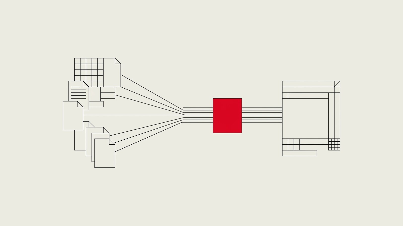 Abstract editorial illustration of document blocks flowing into a generation block, no text or logos, Tesseract Studio style.