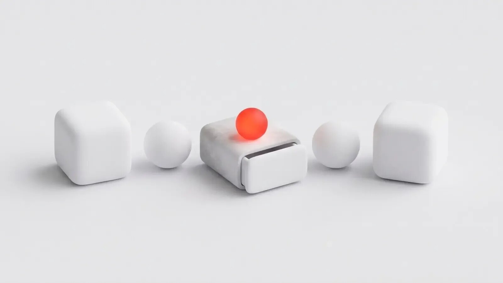 Matte 3D illustration: a half-open white drawer with a lit red sphere rising from it, between two white cubes and two white spheres.