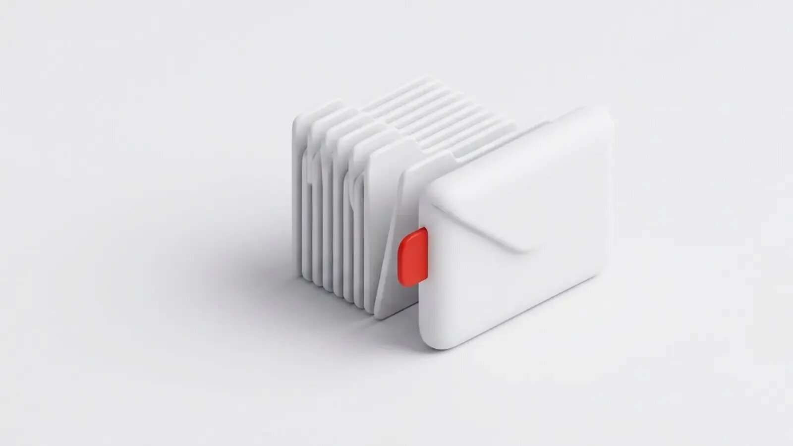 Une pile de chemises blanches se replie vers une grosse enveloppe blanche arrondie, marquée d’un onglet rouge, le message unique du matin.