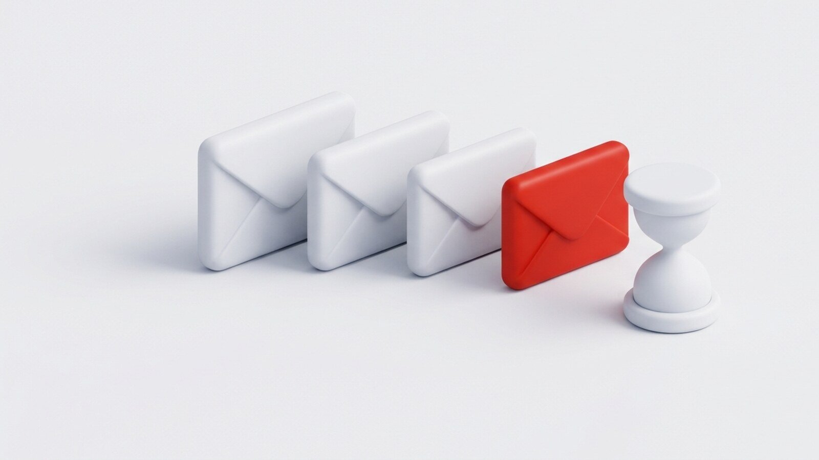 Illustration 3D mate sur fond gris clair : quatre enveloppes blanches alignées dont la dernière est rouge, à côté d’un sablier blanc.