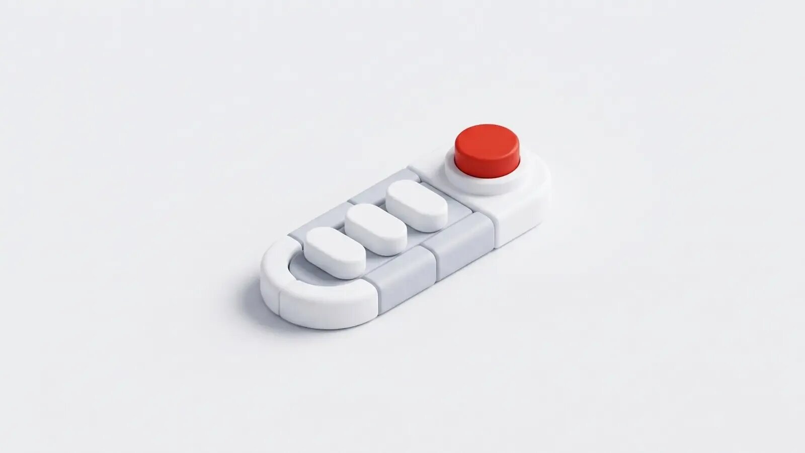 Matte 3D illustration on a light grey background: three white pills lined up on a rail leading to a red button on a white base.