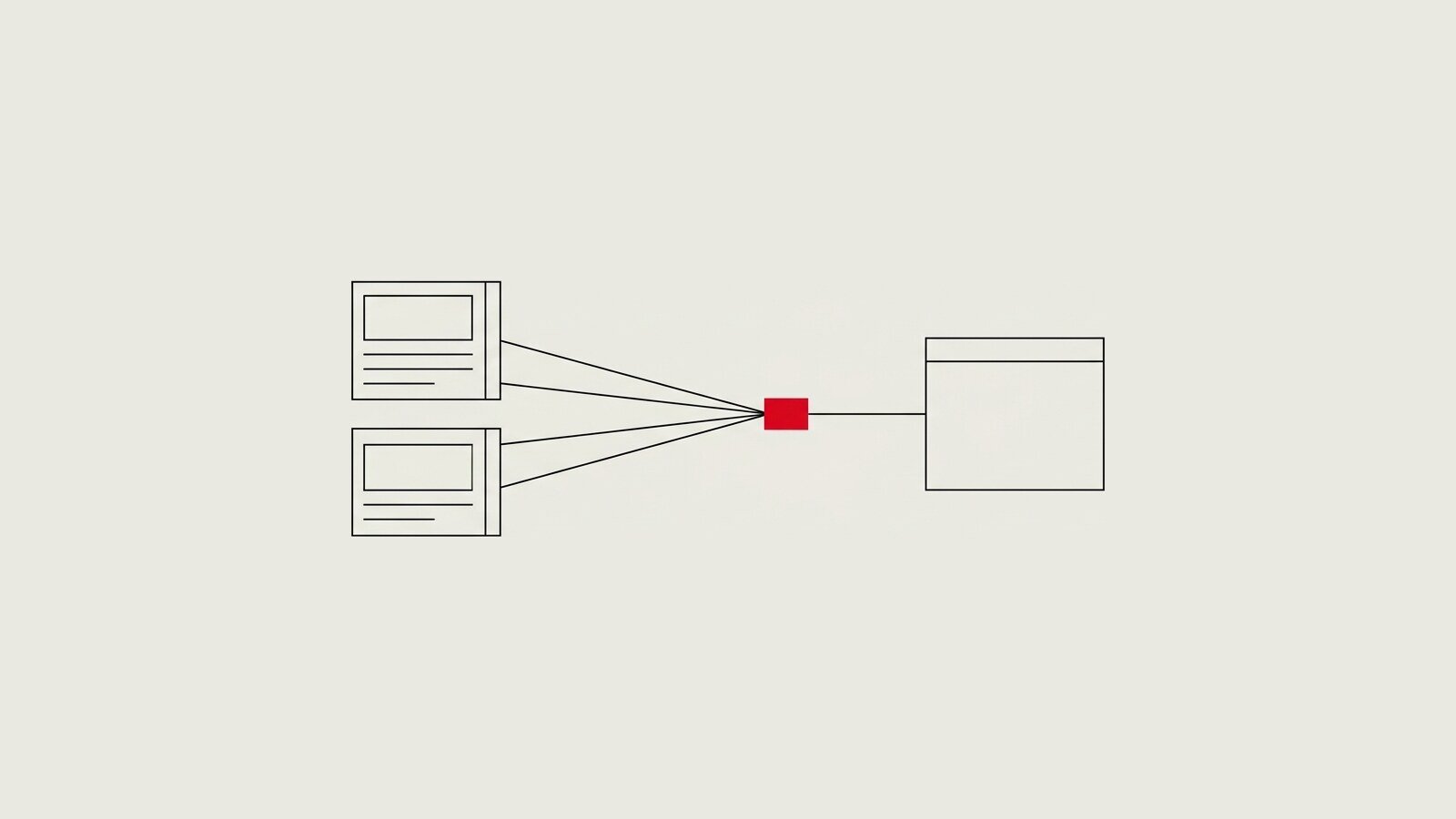 Illustration géométrique de style suisse : un bloc de contenu relié par des lignes fines à un second bloc, coupé net par un accent rouge avant d’y parvenir.