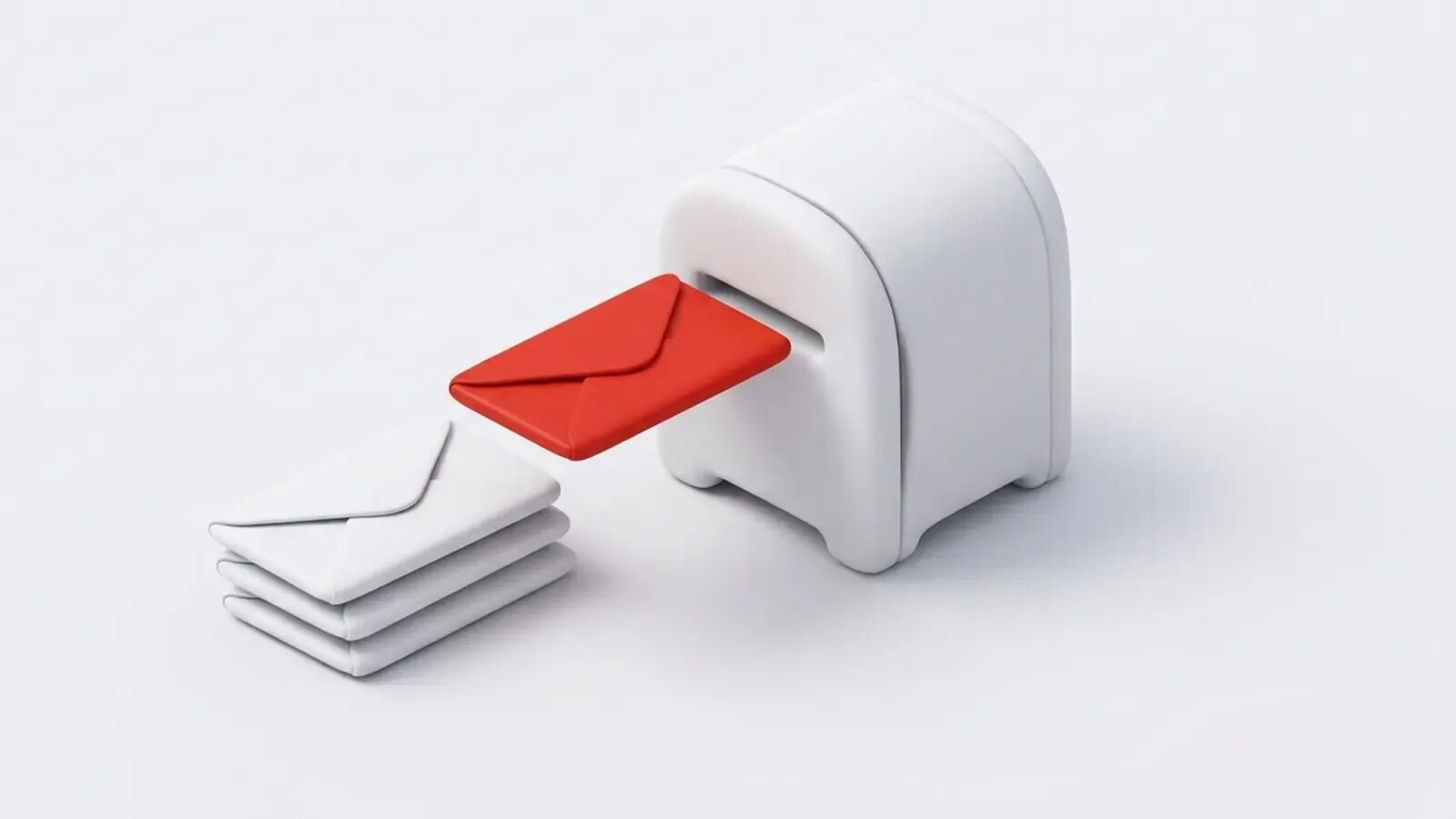 Illustration 3D mate sur fond gris clair : une pile de lettres blanches dont l’une, rouge, glisse vers une boîte aux lettres blanche.