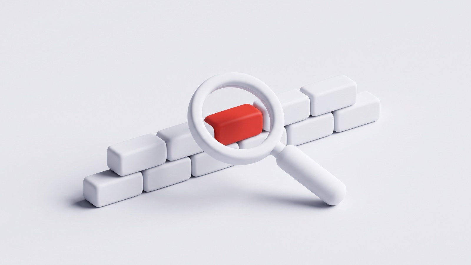 Matte 3D illustration on a light grey background: a magnifying glass over a line of white bricks reveals one red brick.