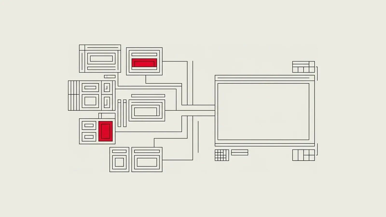 Illustration géométrique de style suisse : rectangles imbriqués et blocs rouges isolés évoquant des données structurées pour une réponse IA.