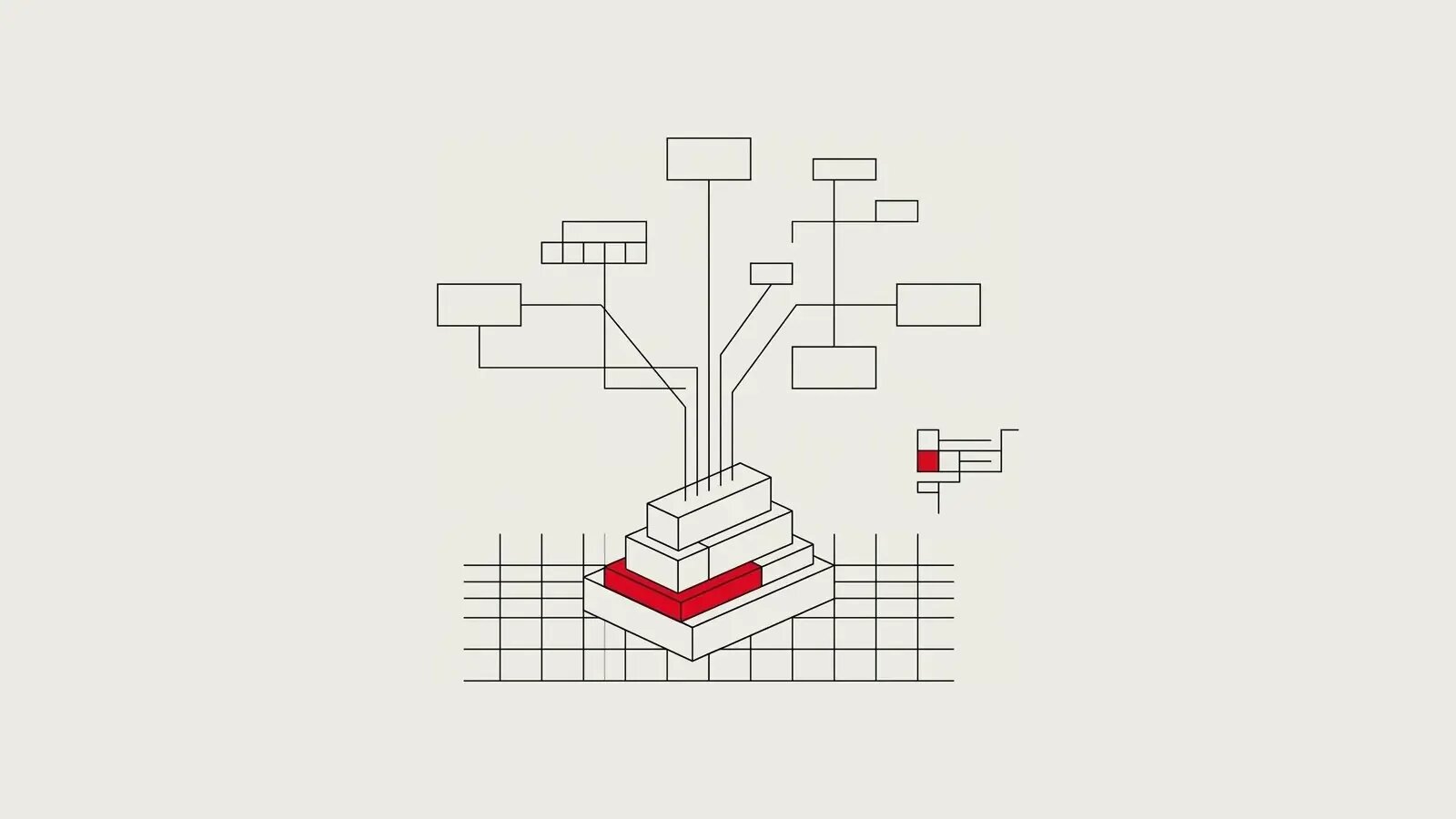 Illustration géométrique abstraite : blocs de fondation reliés à un bloc rouge, décision d’architecture précoce, sans texte ni logo, style Tesseract.