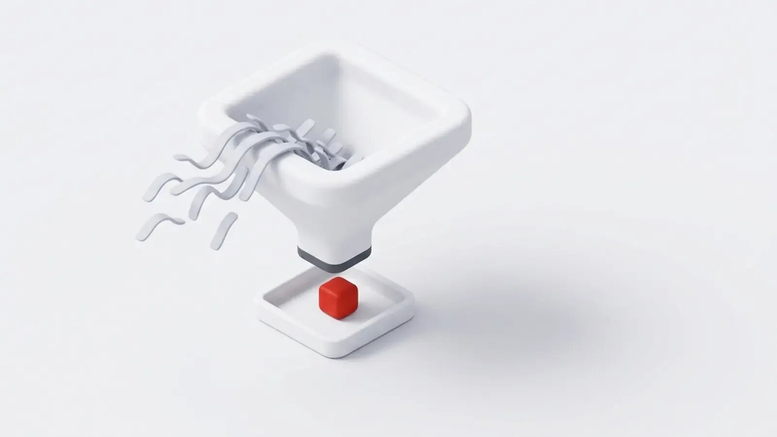 Matte 3D illustration on a light grey background: a white funnel filters grey sound ribbons and lets a single red cube fall into a tray.