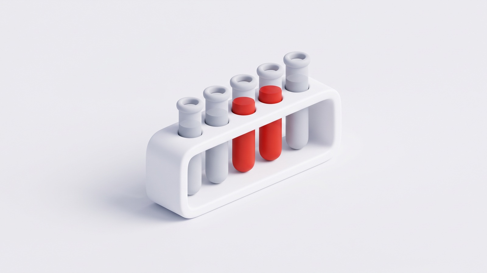 Illustration 3D mate sur fond gris clair : un portoir de cinq tubes à essai, dont deux remplis de rouge.