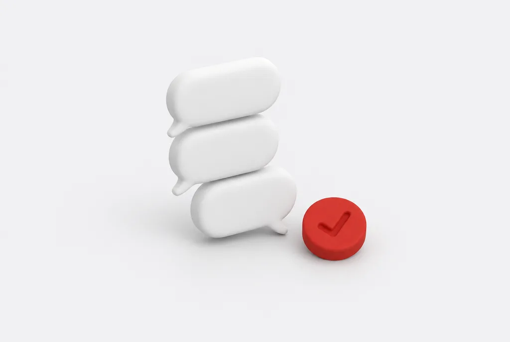 Bulles de conversation blanches et un bouton rouge de validation, en rendu 3D mat