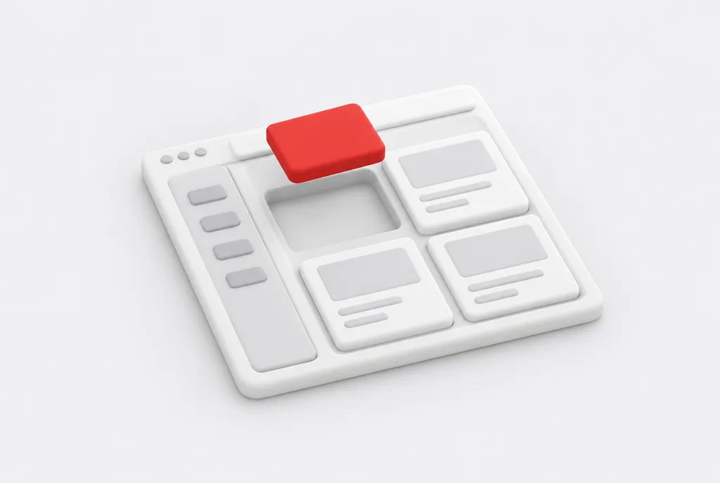 Interface d’application assemblée comme des blocs, un bloc rouge sur le point d’être posé, en rendu 3D mat